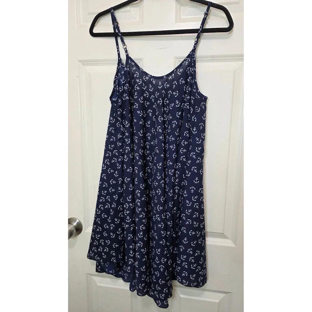 NEW Paradise USA Anchor Print Cover Dress Women's L Navy Blue Nautical Summer‎